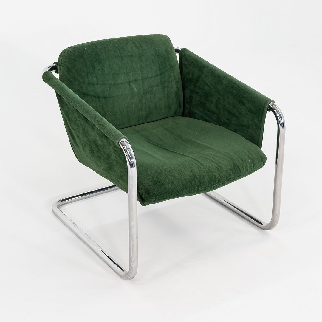 1970s Thonet Sling Lounge Chair Chromed Tubular Steel w/ Green Fabric Upholstery