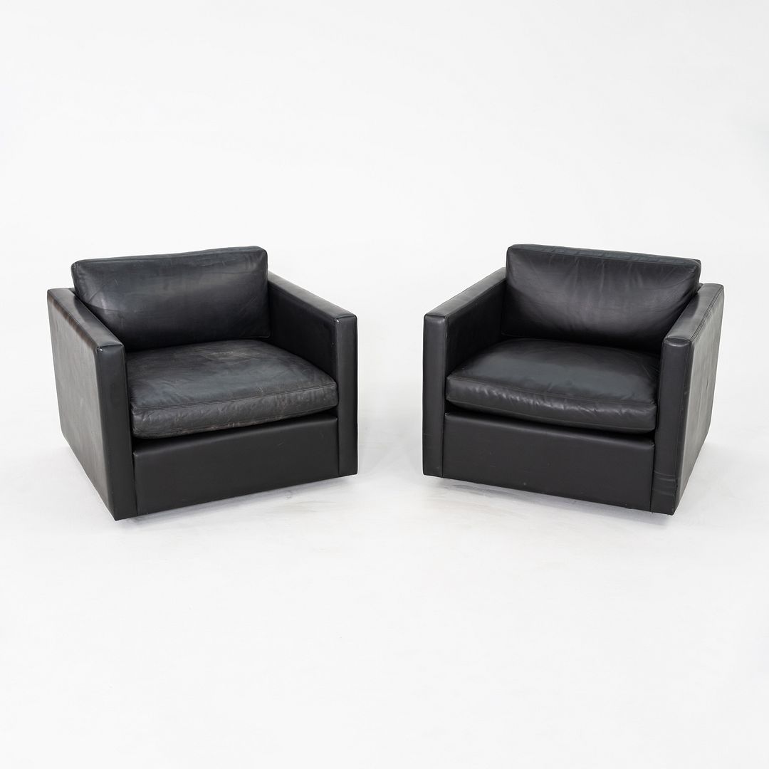 1970s Pair of Charles Pfister for Knoll Tuxedo Club Lounge Chairs Black Leather