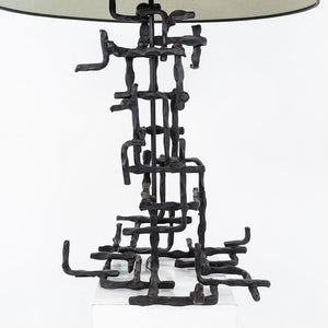 1960s Marcello Fantoni Patinated Steel Table Lamp with Grey Drum Shade
