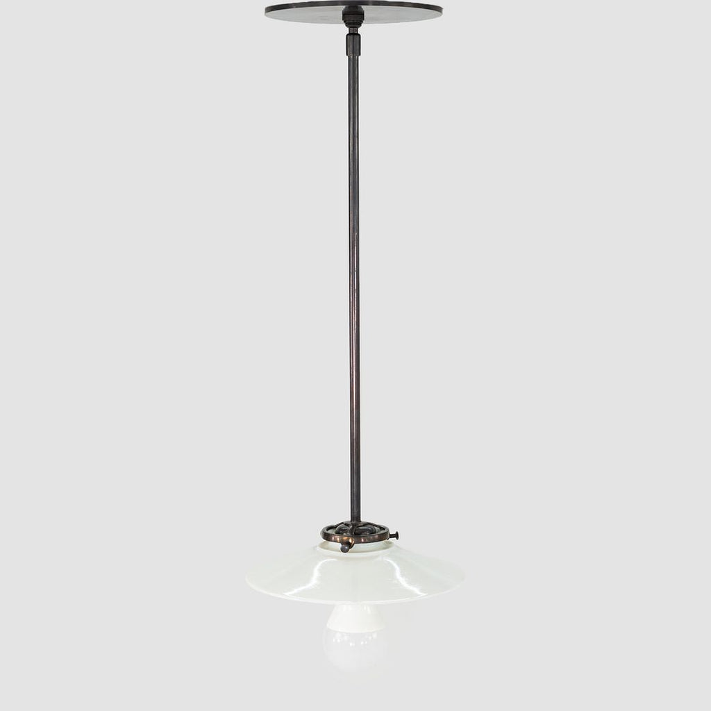 1930s Danish Opalescent Industrial Milk Glass Disc Pendant Lamp 7.75 Inches