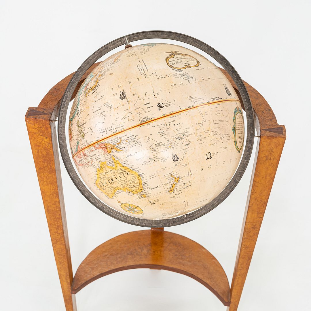 SOLD 1940s Replogle Globe Mounted on Classic Wooden Demilune Stand with Curved Base