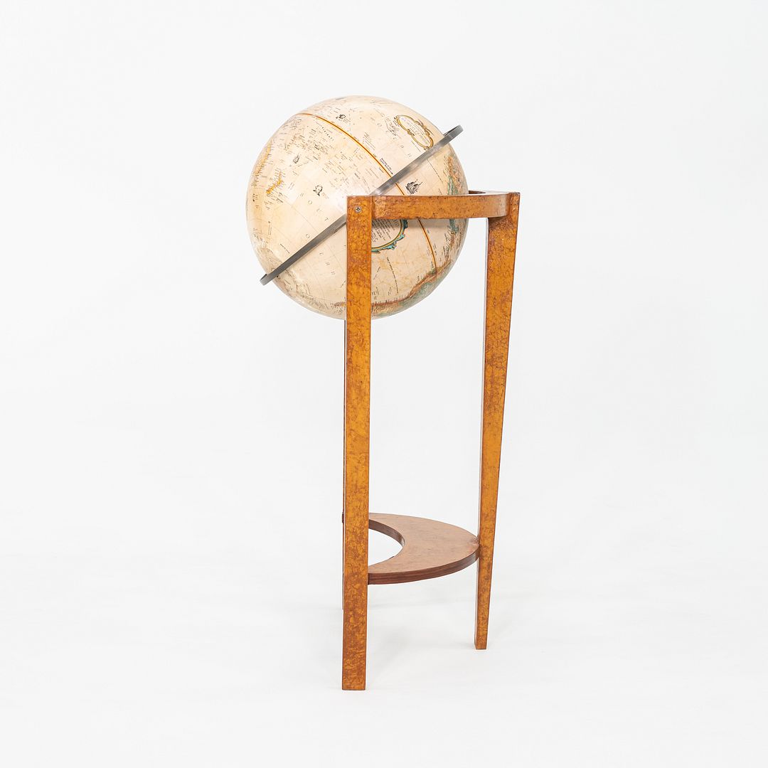 SOLD 1940s Replogle Globe Mounted on Classic Wooden Demilune Stand with Curved Base