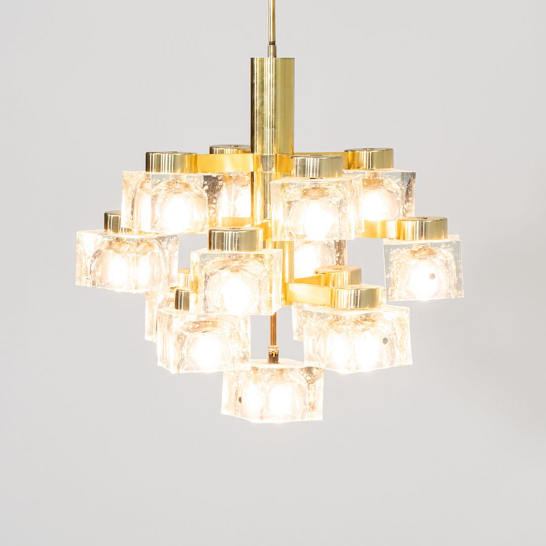 1970s Gaetano Sciolari for Lightolier Ice Cube Chandelier Glass & Brass 13 Bulbs