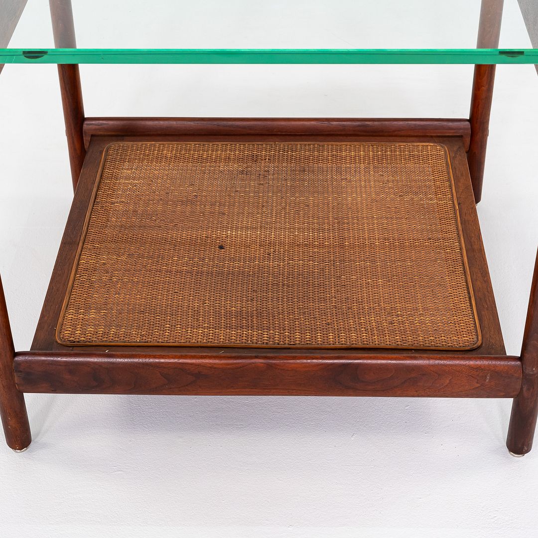 1960s Jack Cartwright for Founders Side or End Table in Walnut, Cane, and Glass
