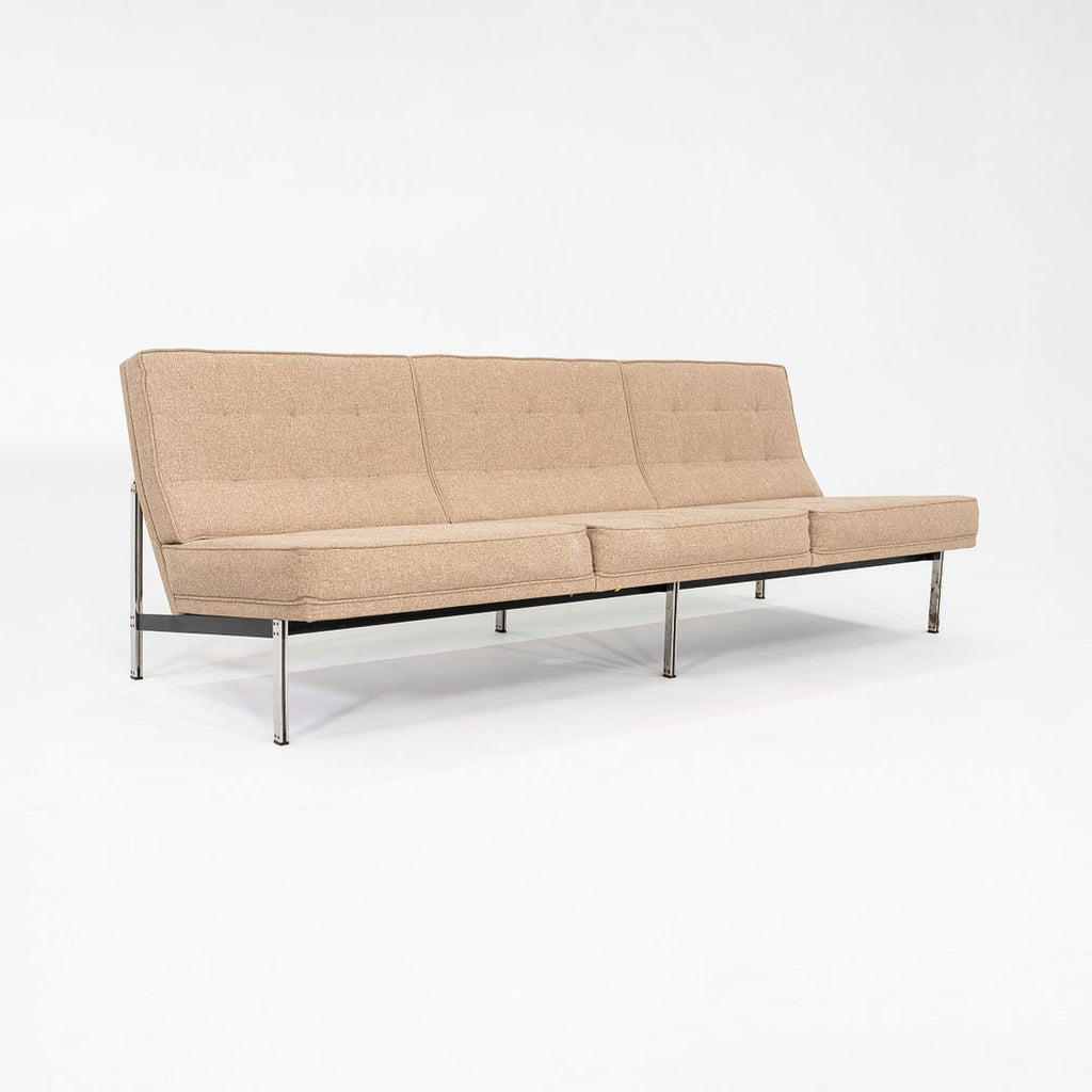 SOLD 1950s Florence Knoll Parallel Bar Three Seat Sofa w/ Oatmeal Hopsack Upholstery