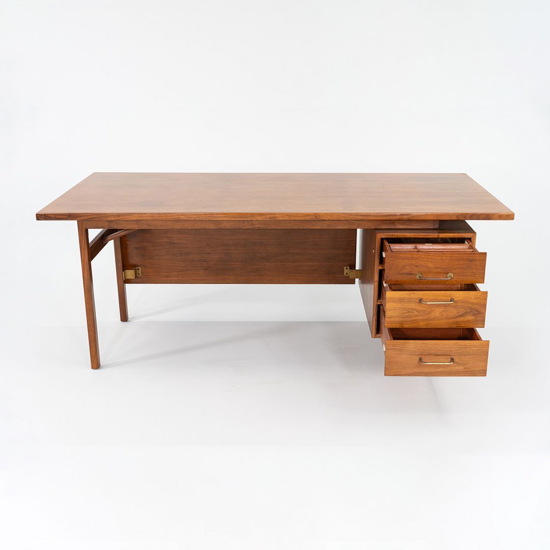 1970s Jens Risom Design Executive Desk in Walnut and Brass with Three Drawers