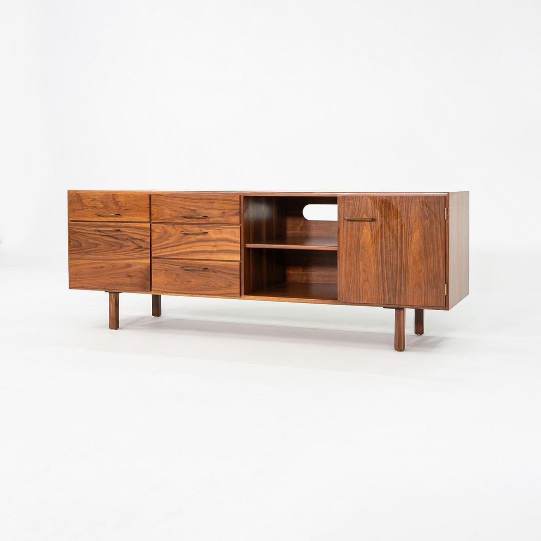 1970s Jens Risom Design Credenza / Cabinet in Walnut and Brass 72x20 inches