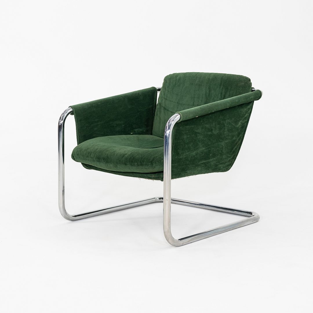 1970s Thonet Sling Lounge Chair Chromed Tubular Steel w/ Green Fabric Upholstery