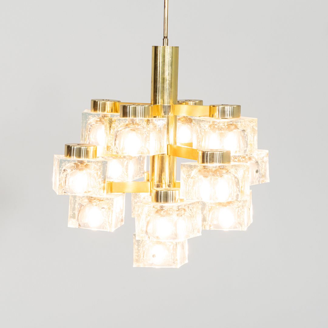 1970s Gaetano Sciolari for Lightolier Ice Cube Chandelier Glass & Brass 13 Bulbs
