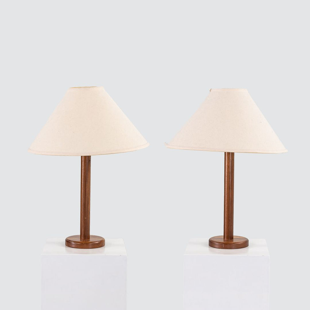 SOLD 1970s Pair of Scandinavian Teak Table / Desk Lamps with White Fabric Shades