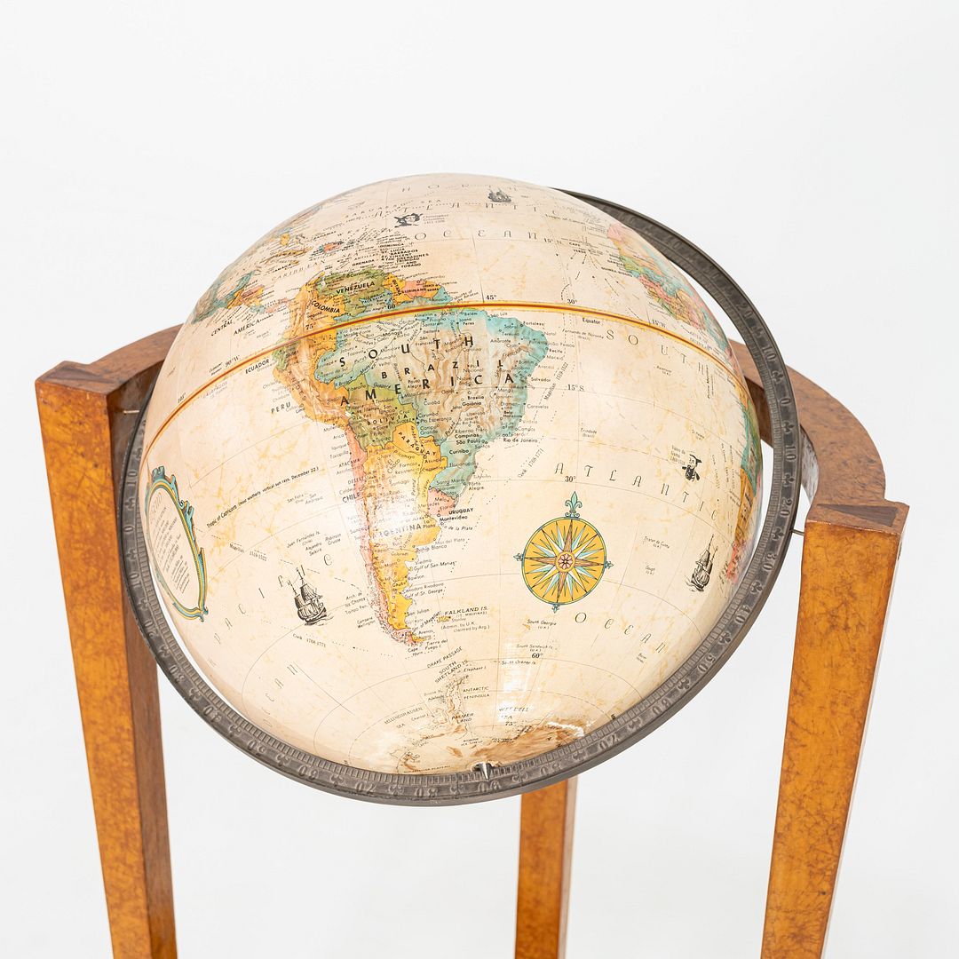 SOLD 1940s Replogle Globe Mounted on Classic Wooden Demilune Stand with Curved Base