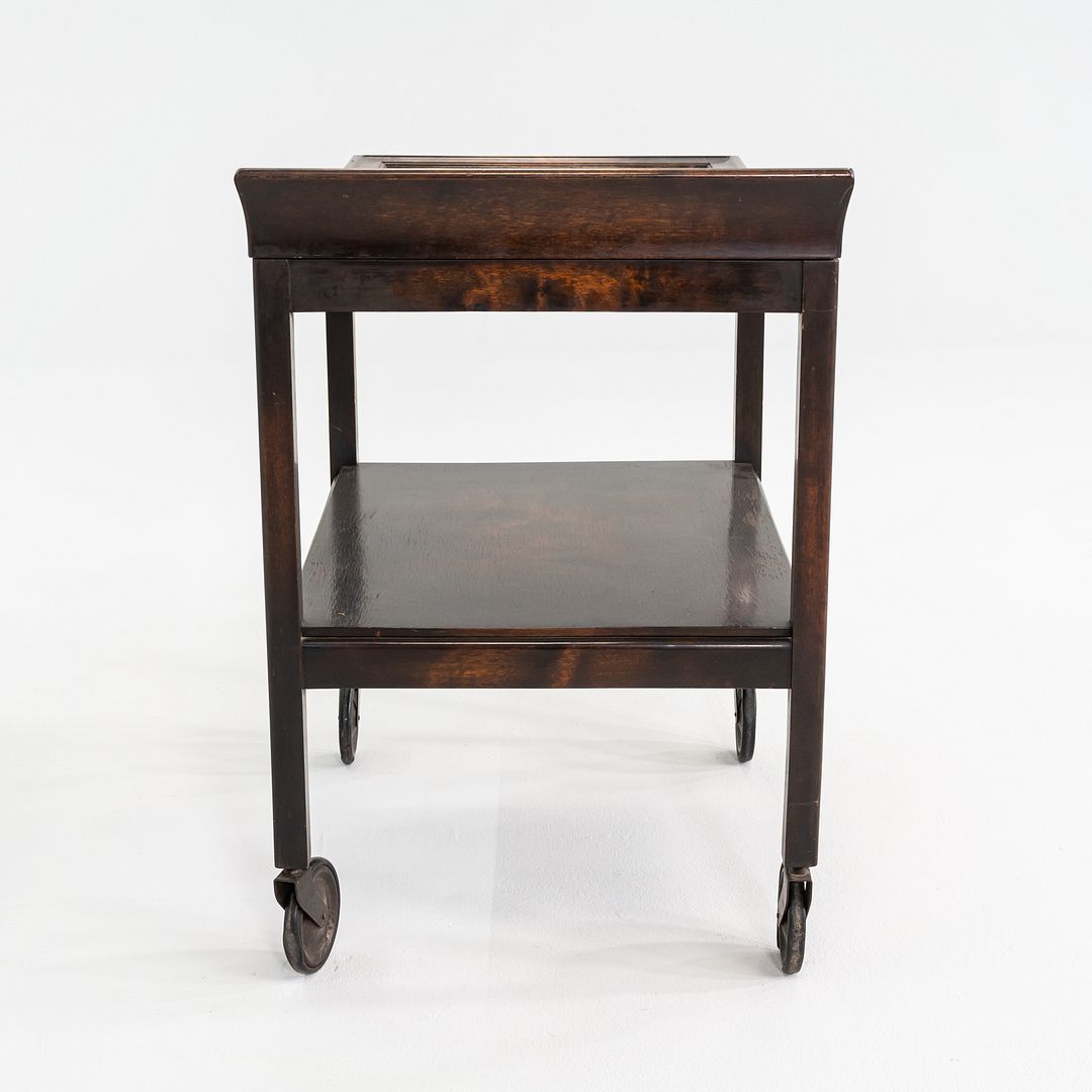 1920s Antique Art Deco Birch Bar Cart w/ Wave Glass Top & Lower Shelf on Wheels