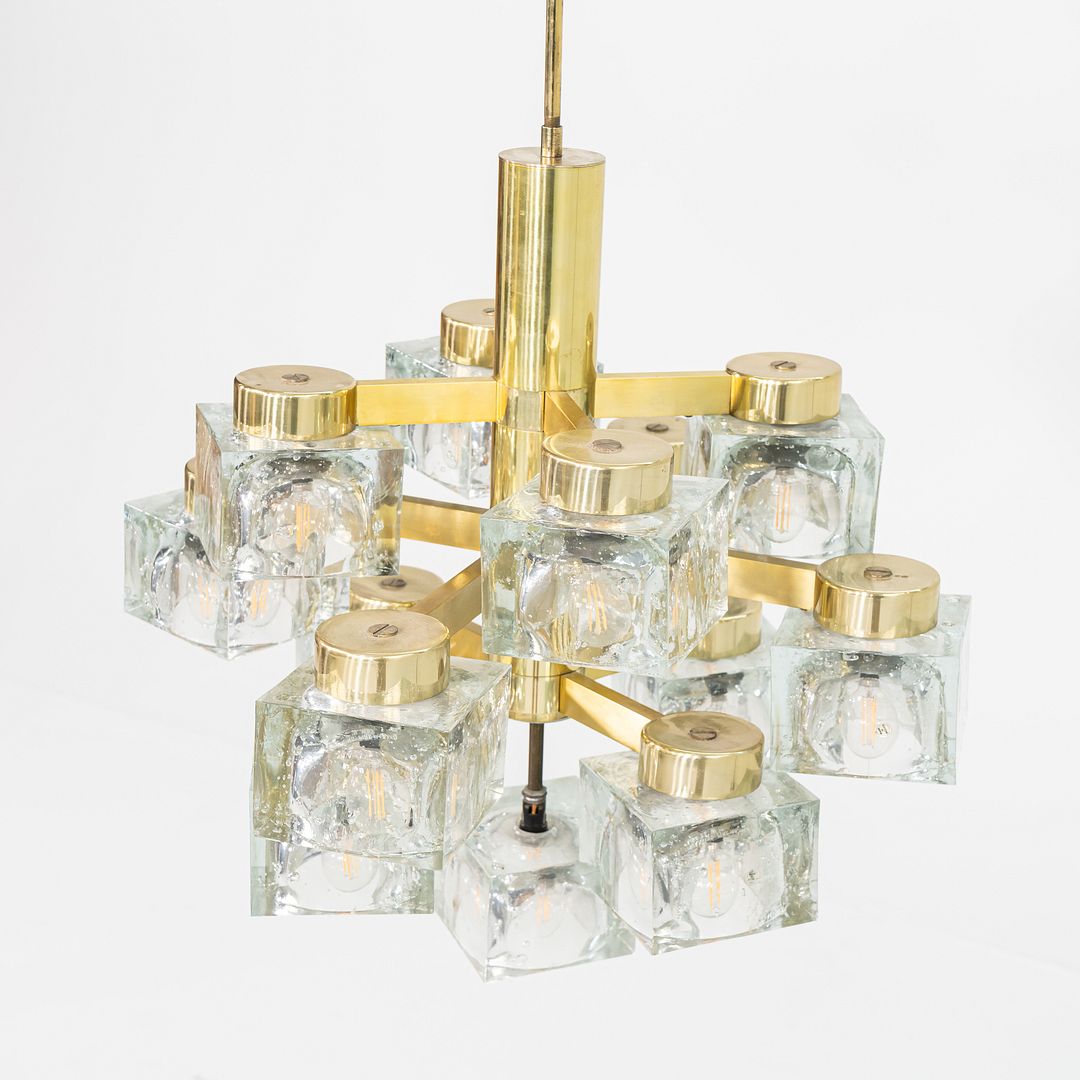 1970s Gaetano Sciolari for Lightolier Ice Cube Chandelier Glass & Brass 13 Bulbs