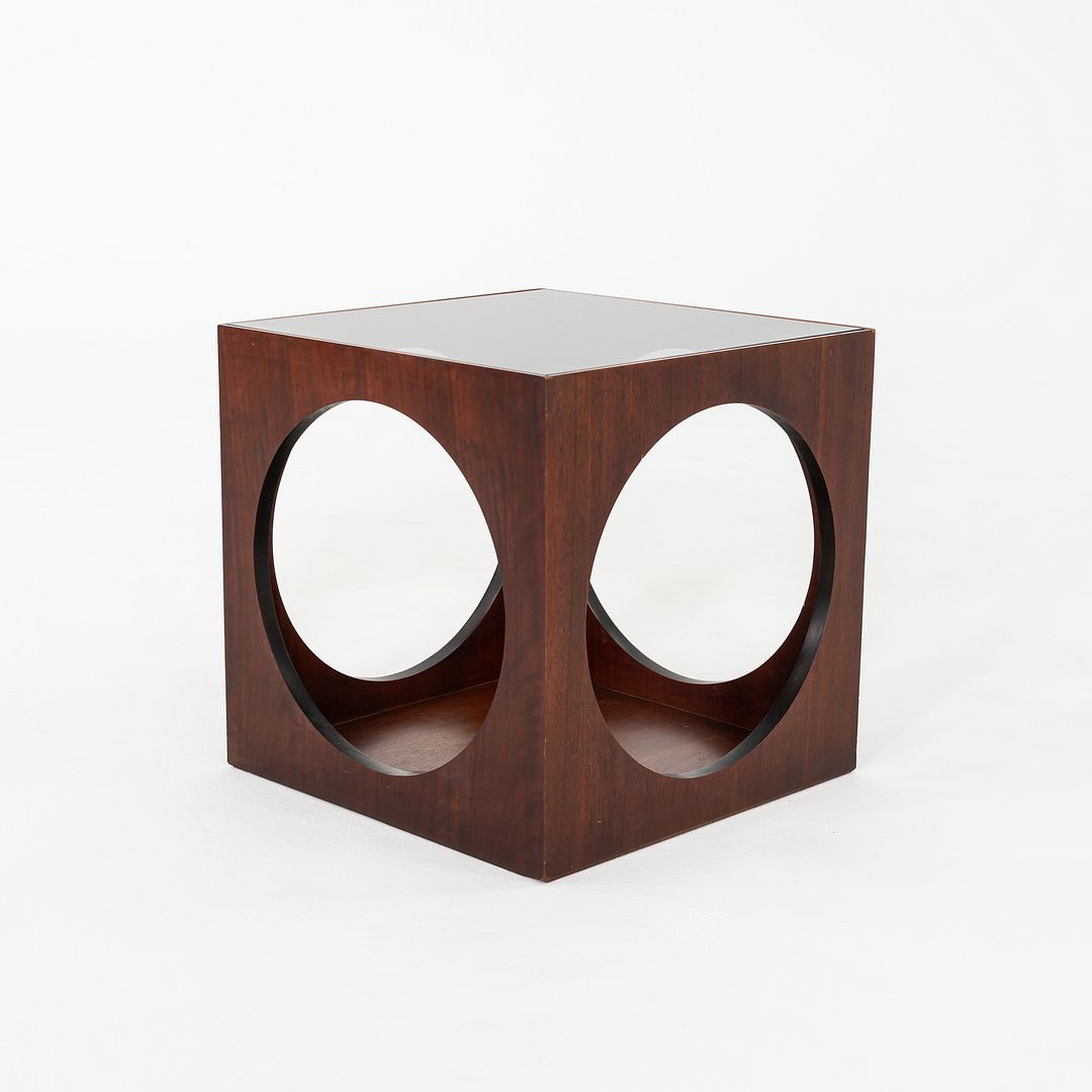 1969 Lane Walnut Cube End Table w/ Circle Motif & Smoked Glass Top Model 1121-95