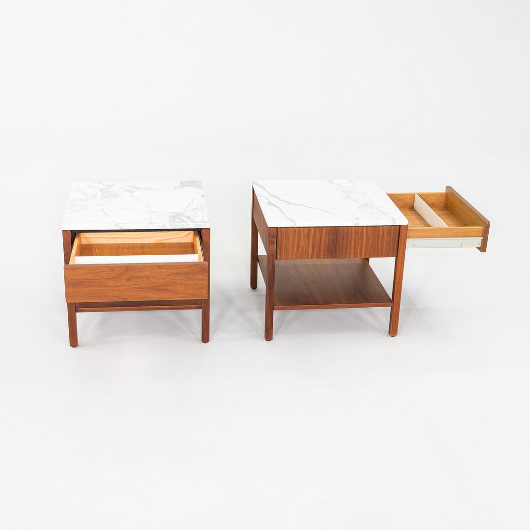 1960s Pair of Florence Knoll Bedside Tables / Nightstands in Walnut and Marble