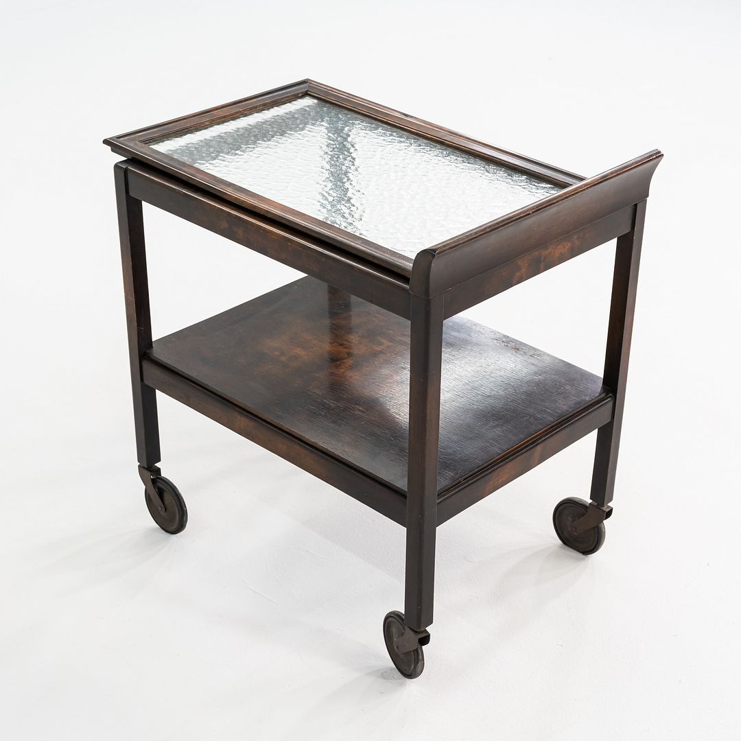 1920s Antique Art Deco Birch Bar Cart w/ Wave Glass Top & Lower Shelf on Wheels