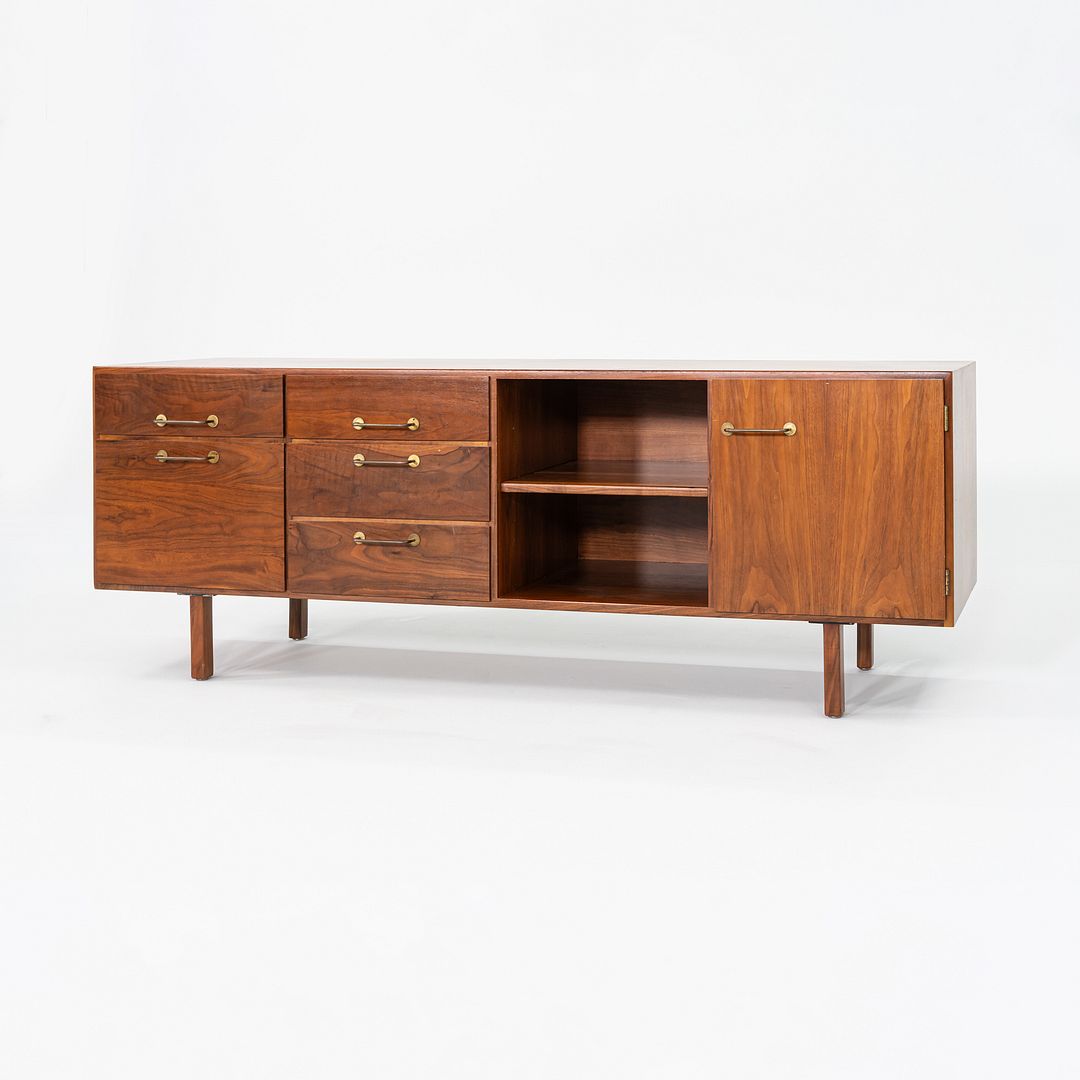 1970s Jens Risom Designs Credenza / Cabinet in Walnut and Brass 72x20 inches