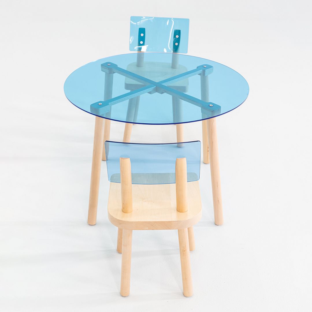 2020s Nico and Yeye Childrens Side Chairs & Dining Table in Blue Acrylic & Maple