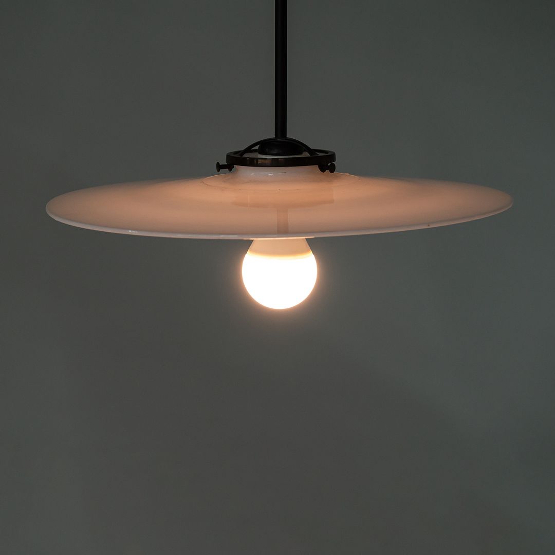 1930s Danish Opalescent Industrial Milk Glass Disc Pendant Lamp 14.5 Inches
