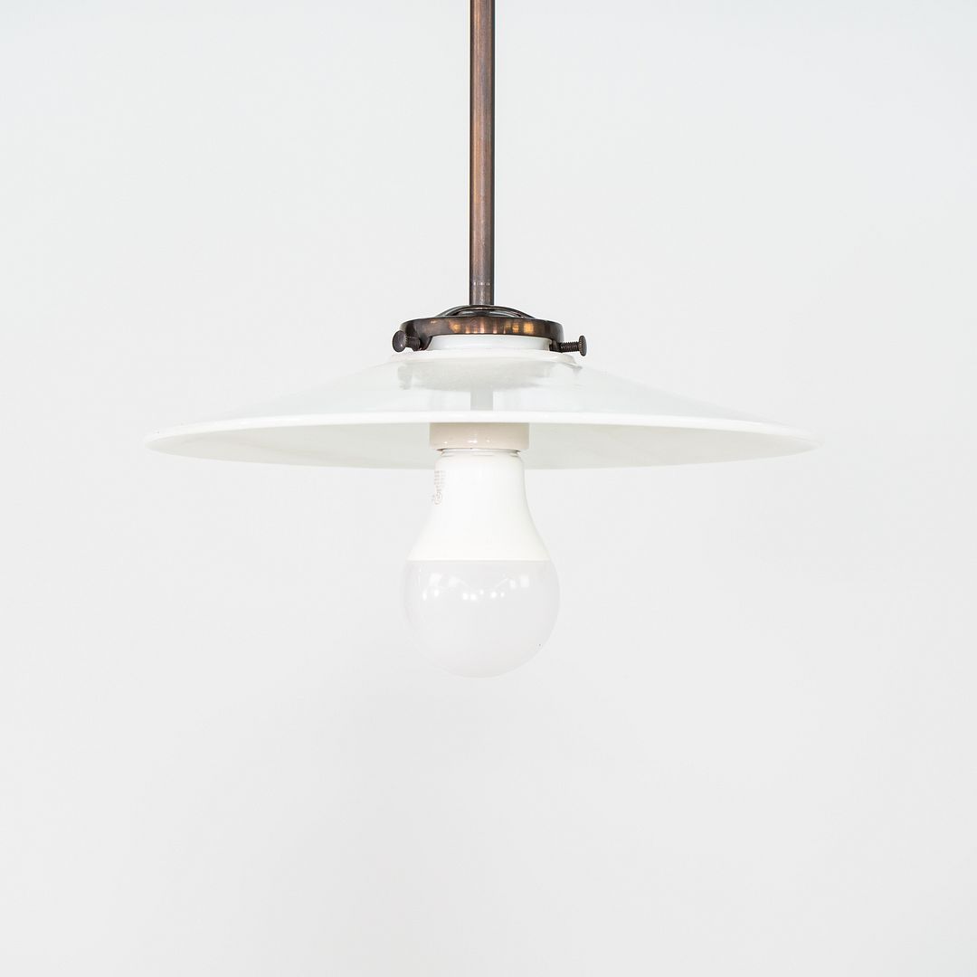1930s Danish Opalescent Industrial Milk Glass Disc & Metal Pendant Lamp 8 Inches