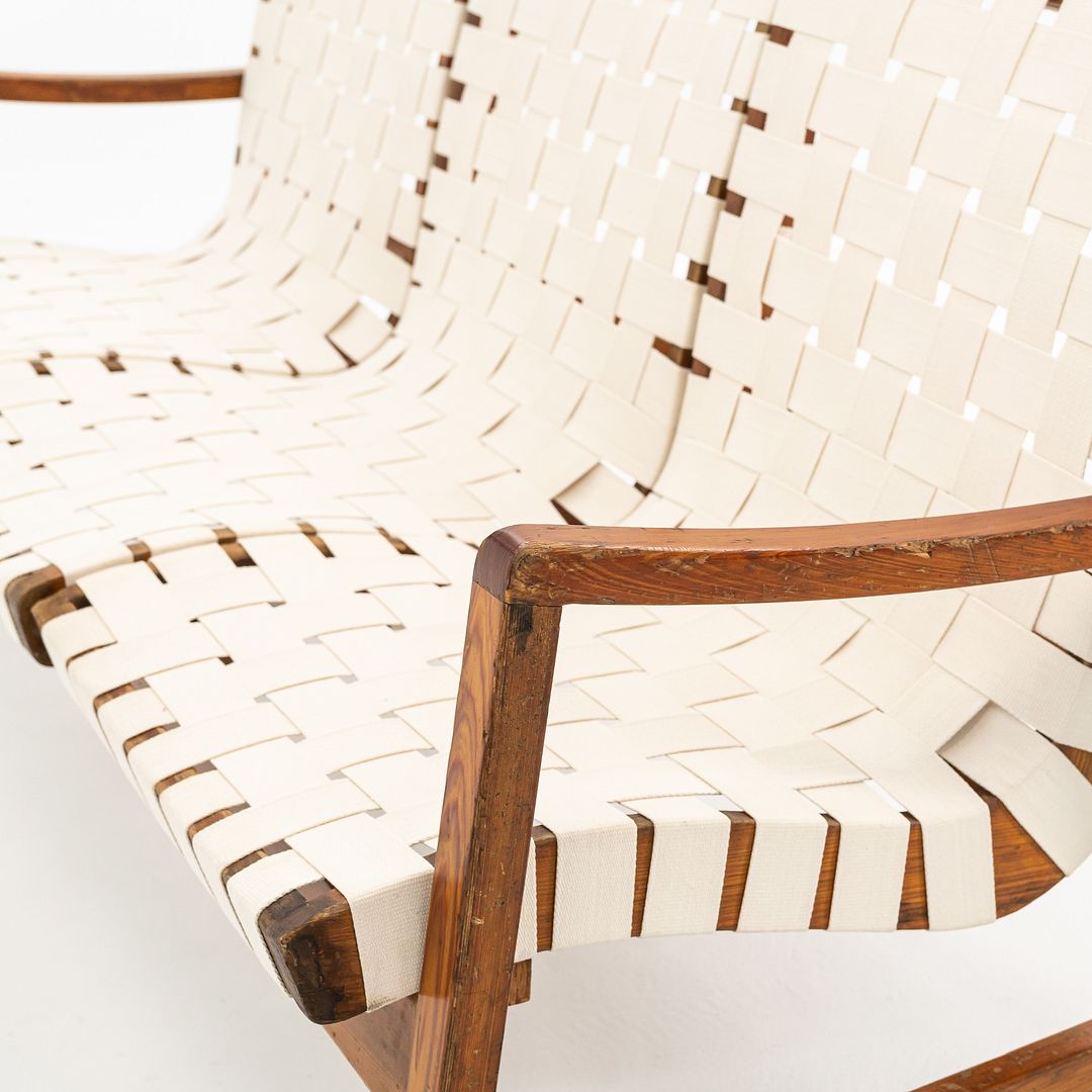 1941 Knoll Risom Three-Seater Settee Sofa by Jens Risom for Knoll Associates in Pine with New Webbing