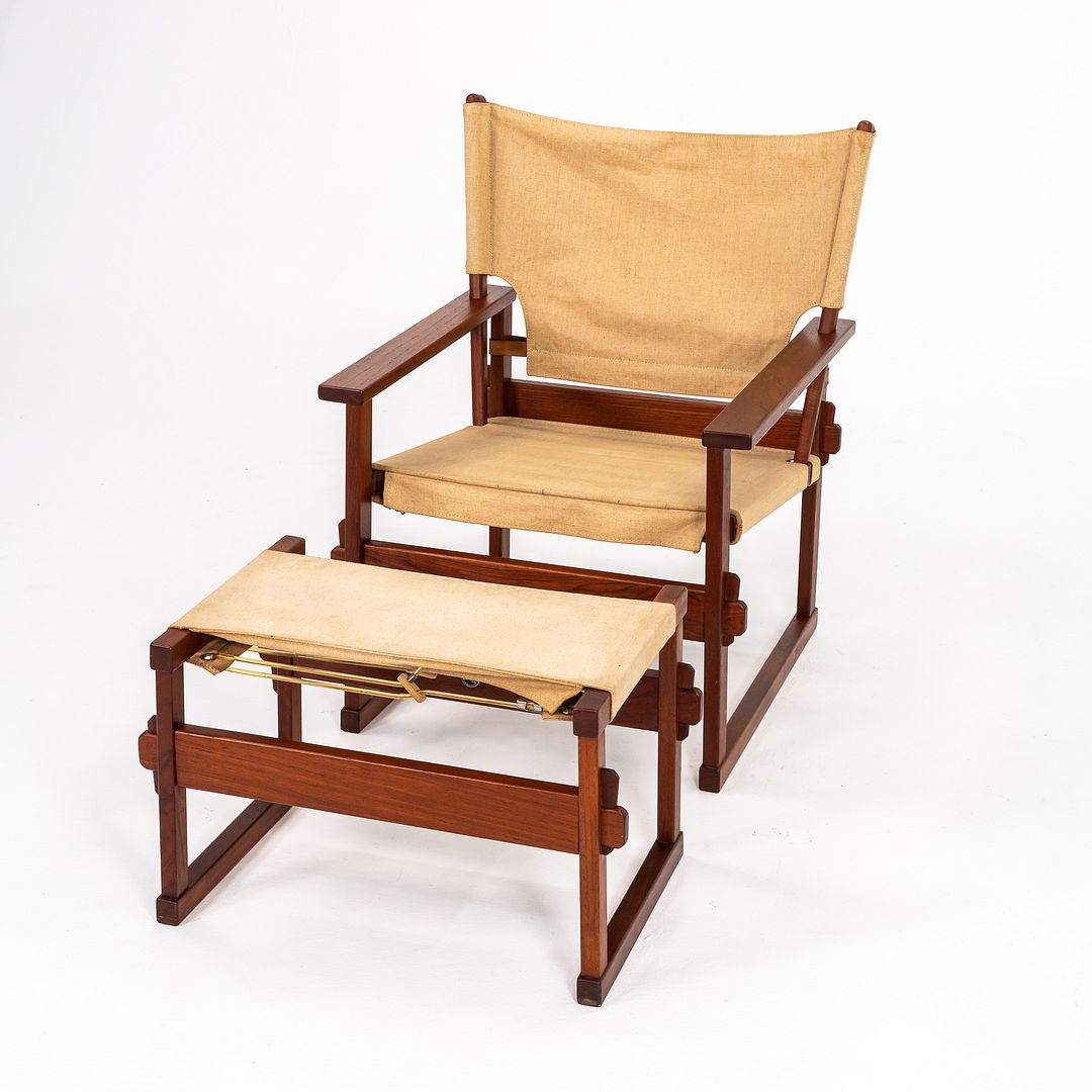 1950s Safari Armchair and Ottoman by Poul Hundevad for Vamdrup Stolefabrik in Canvas and Teak