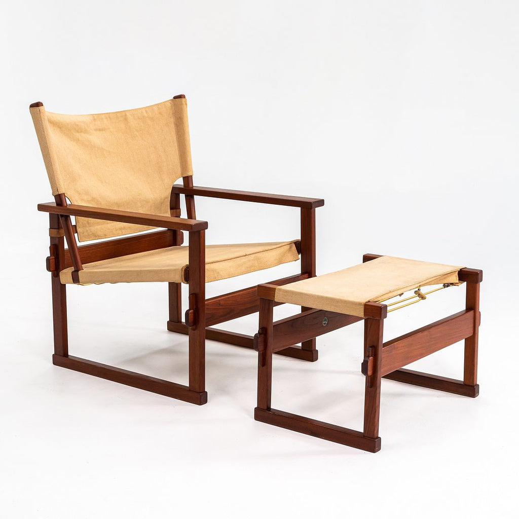 1950s Safari Armchair and Ottoman by Poul Hundevad for Vamdrup Stolefabrik in Canvas and Teak