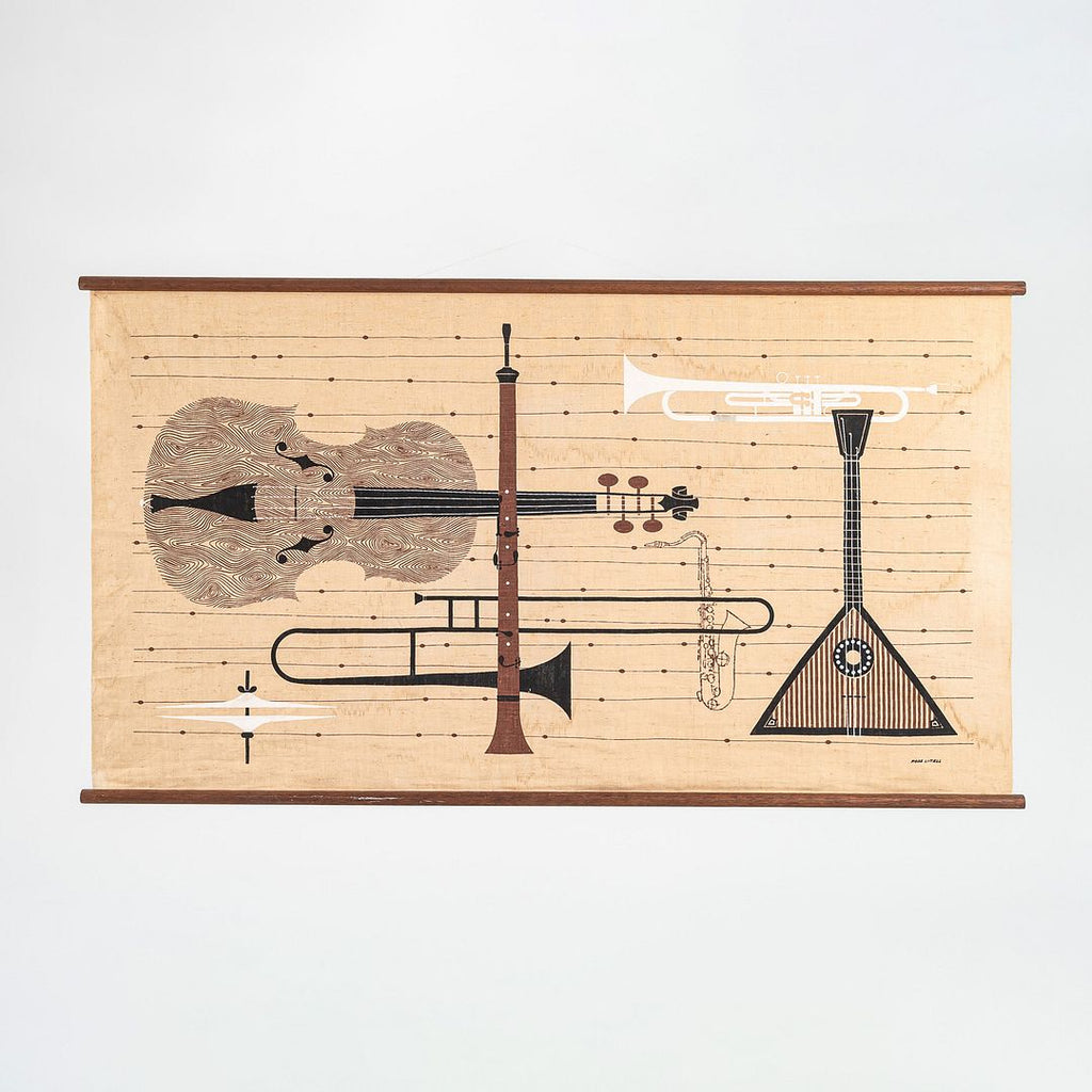 C. 1960s Ross F. Littell Linen Scroll Wall Hanging of Instruments, Example #1