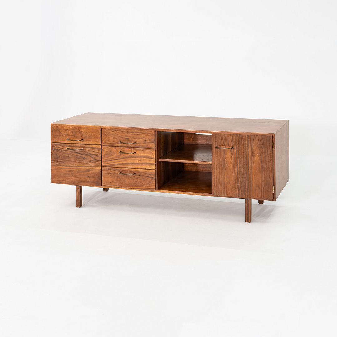 1970s Jens Risom Design Credenza / Cabinet in Walnut and Brass 72x20 inches