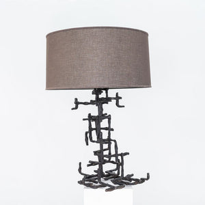 1960s Marcello Fantoni Patinated Steel Table Lamp with Grey Drum Shade