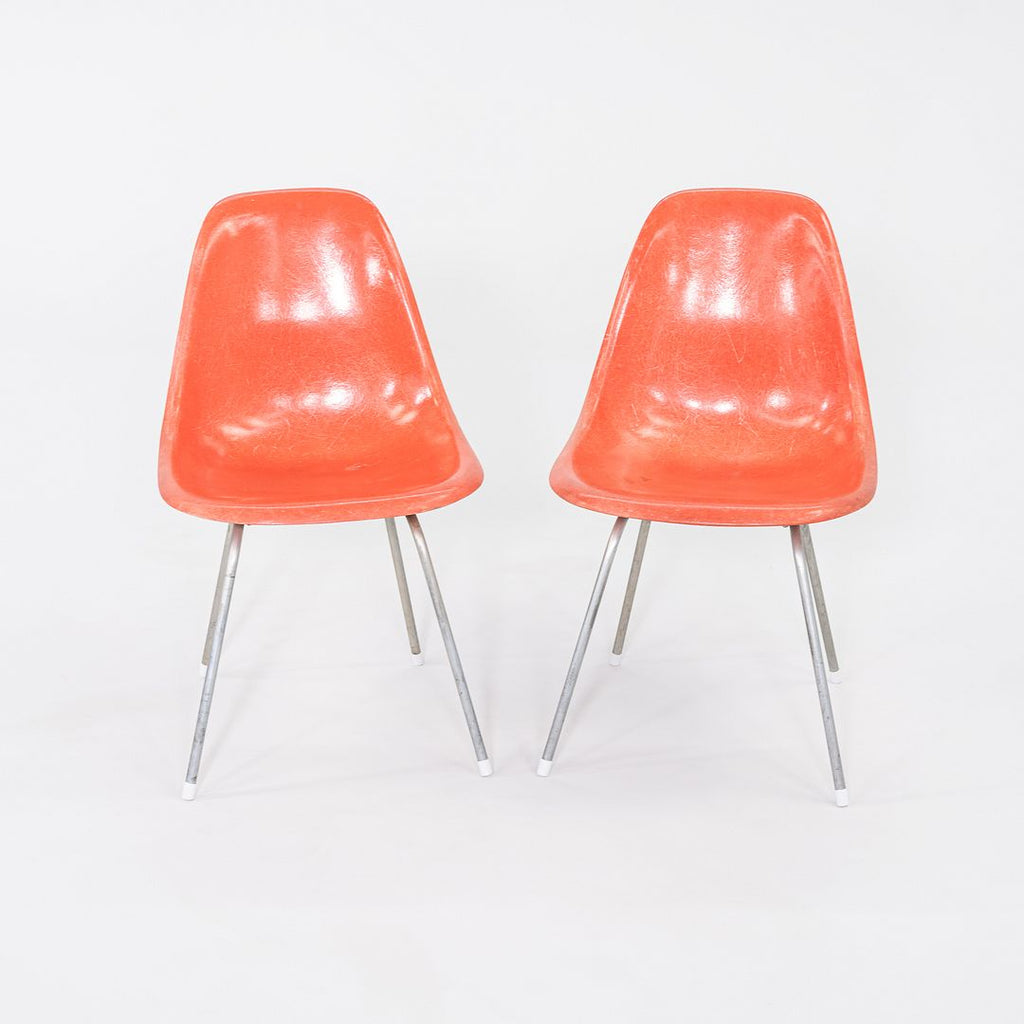 1958 Pair of Herman Miller Eames Fiberglass Dining Shell Chair in Red / Orange
