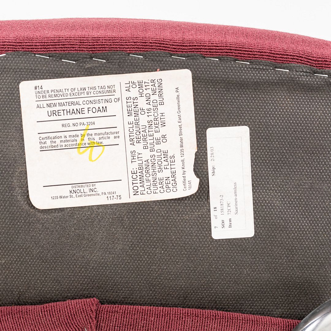 2003 Saarinen Armless Executive Chair, Model 72C by Eero Saarinen for Knoll in Maroon Fabric, Sets Available