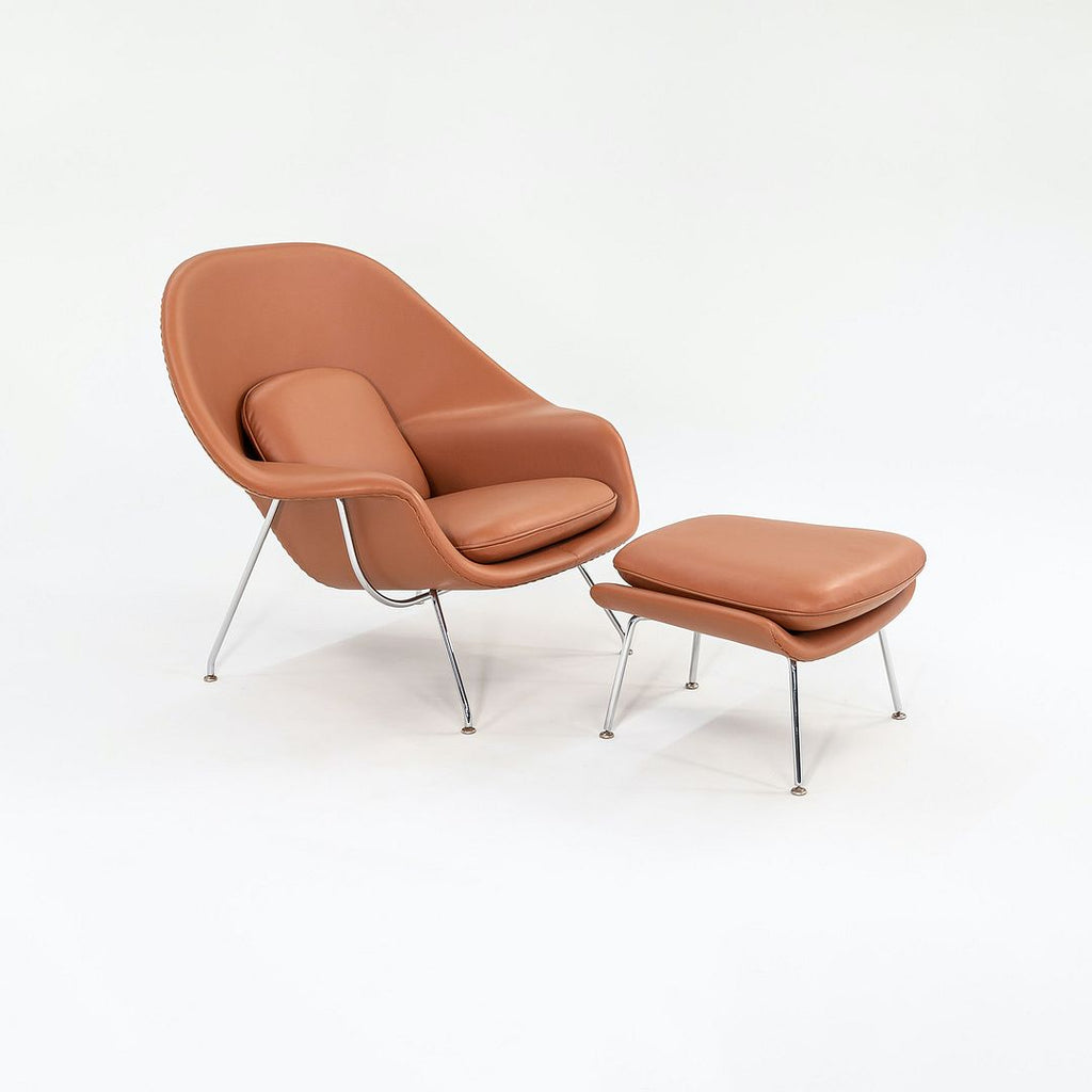 1990s Womb Chair and Ottoman, Models 70L and 74Y, by Eero Saarinen for Knoll in Cognac Leather