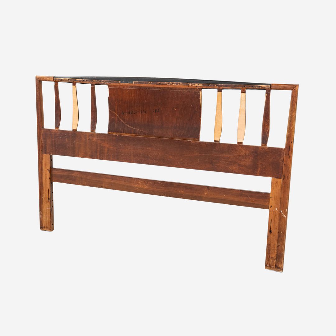 1960s American Black Walnut Queen Headboard with Black Leatherette Upholstery