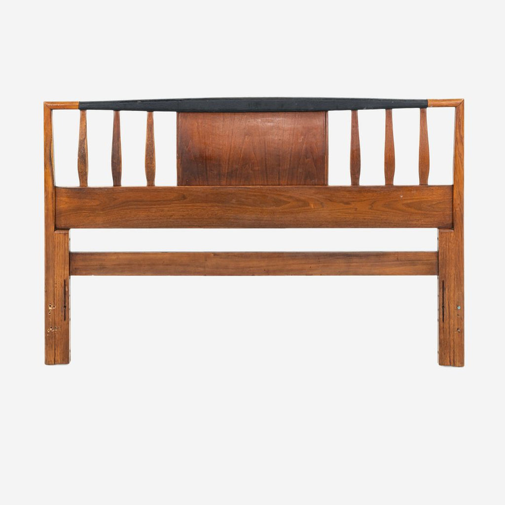1960s American Black Walnut Queen Headboard with Black Leatherette Upholstery