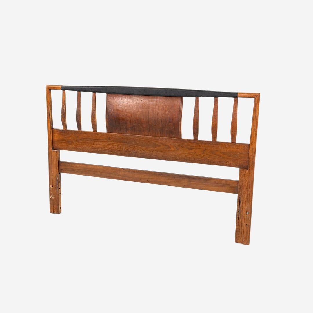 1960s American Black Walnut Queen Headboard with Black Leatherette Upholstery