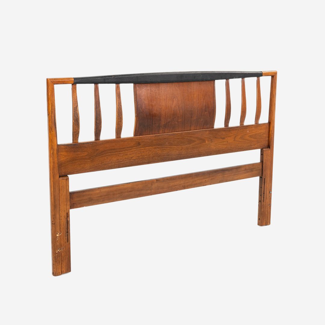 1960s American Black Walnut Queen Headboard with Black Leatherette Upholstery