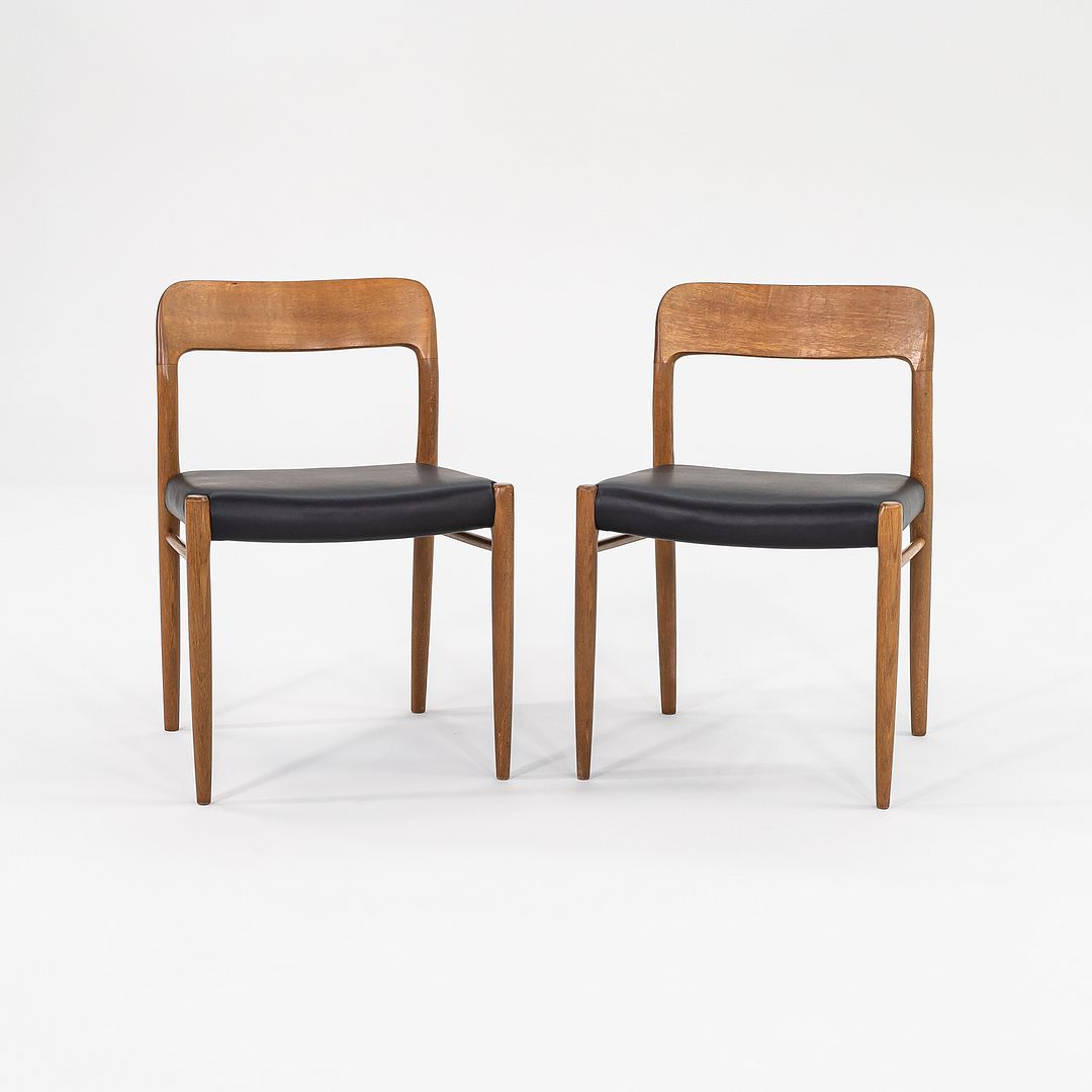 C. 1960s Pair of Niels Moller for JL Moller Model 75 Dining Chairs Oak & Leather