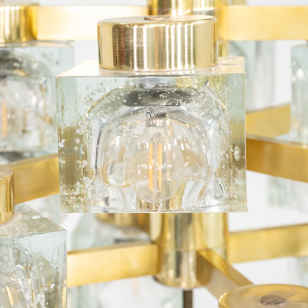 1970s Gaetano Sciolari for Lightolier Ice Cube Chandelier Glass & Brass 13 Bulbs