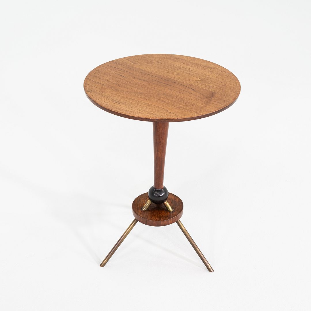 1950s Sputnik Tripod Side or End Table Crafted in Walnut with Brass Accents