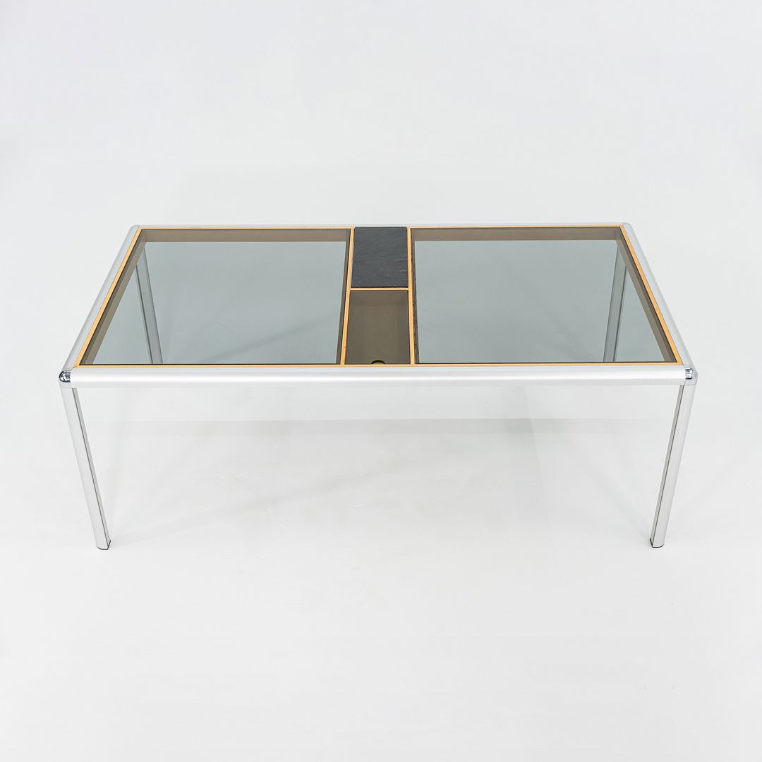 C. 1970s Aluminum Beech & Smoked Glass Coffee Table w/ Slate Detail 32x55 Inches