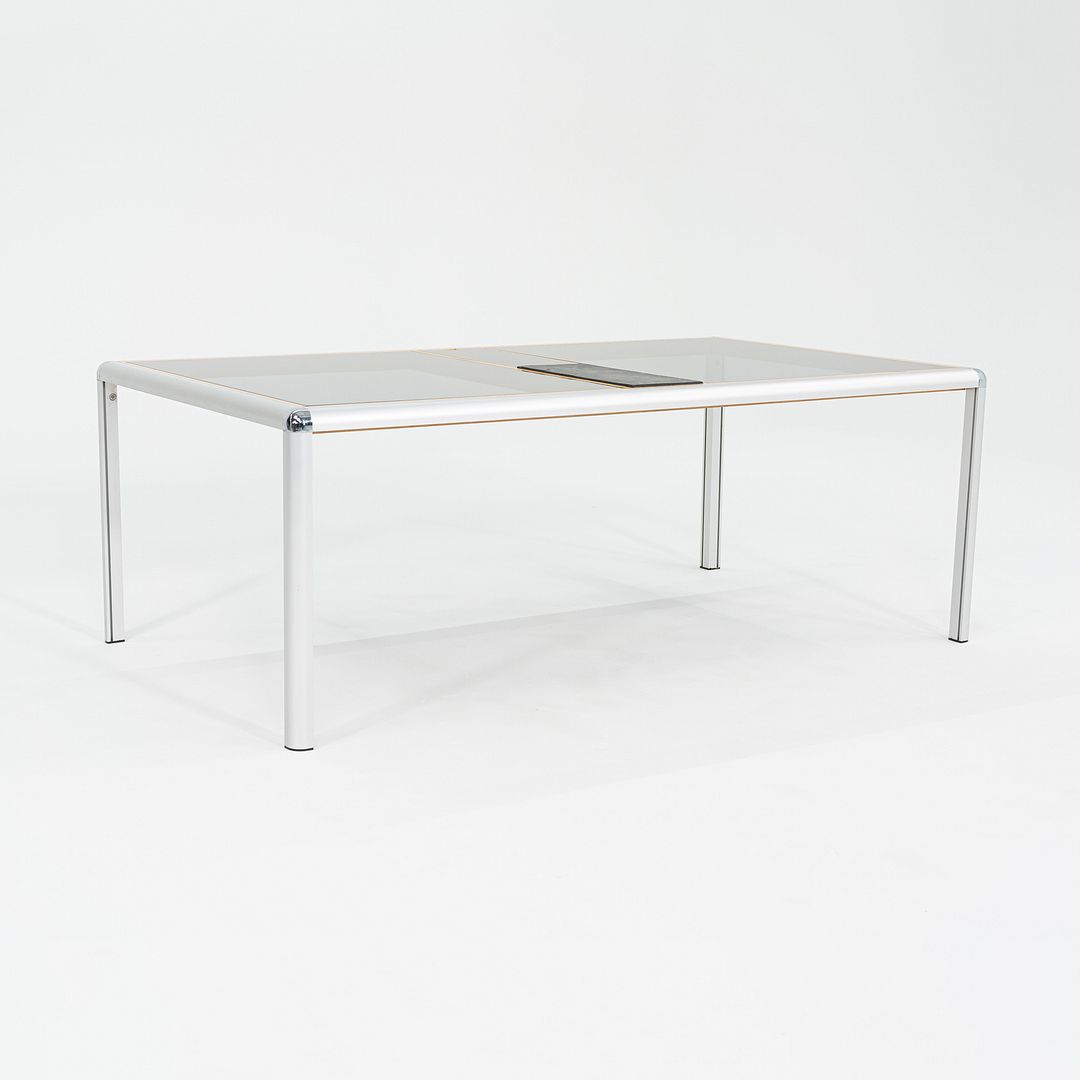 C. 1970s Aluminum Beech & Smoked Glass Coffee Table w/ Slate Detail 32x55 Inches
