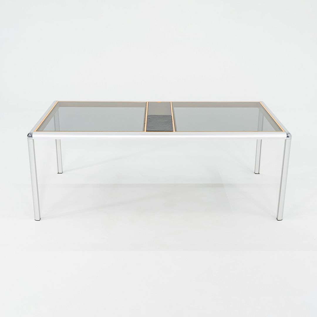 C. 1970s Aluminum Beech & Smoked Glass Coffee Table w/ Slate Detail 32x55 Inches