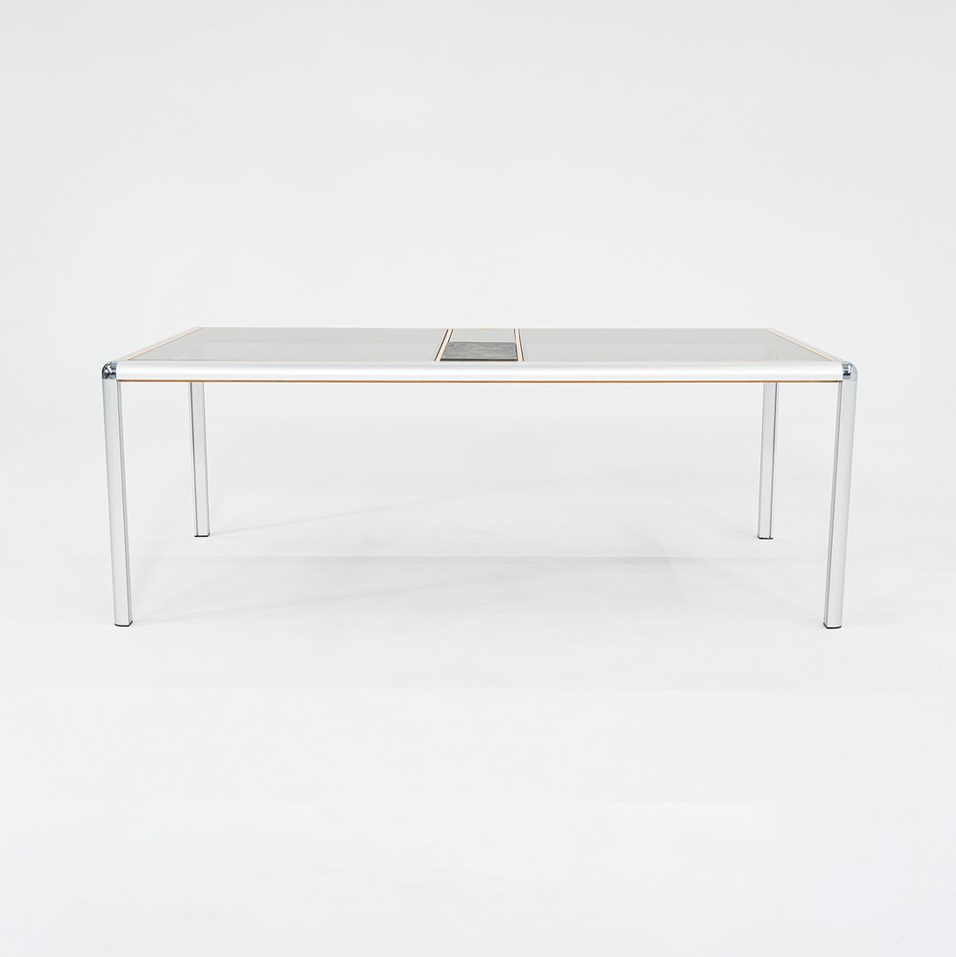 C. 1970s Aluminum Beech & Smoked Glass Coffee Table w/ Slate Detail 32x55 Inches