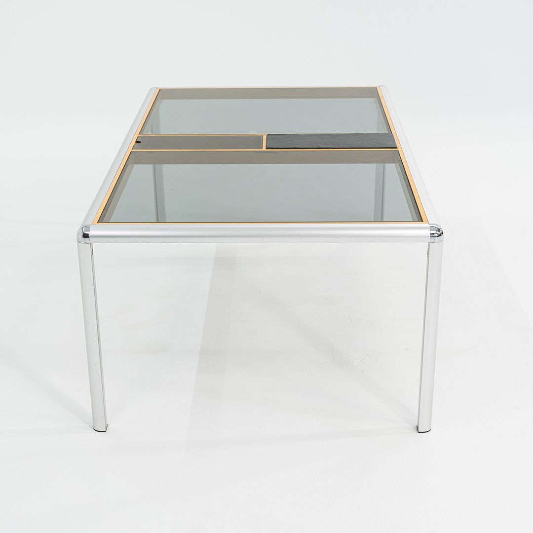 C. 1970s Aluminum Beech & Smoked Glass Coffee Table w/ Slate Detail 32x55 Inches