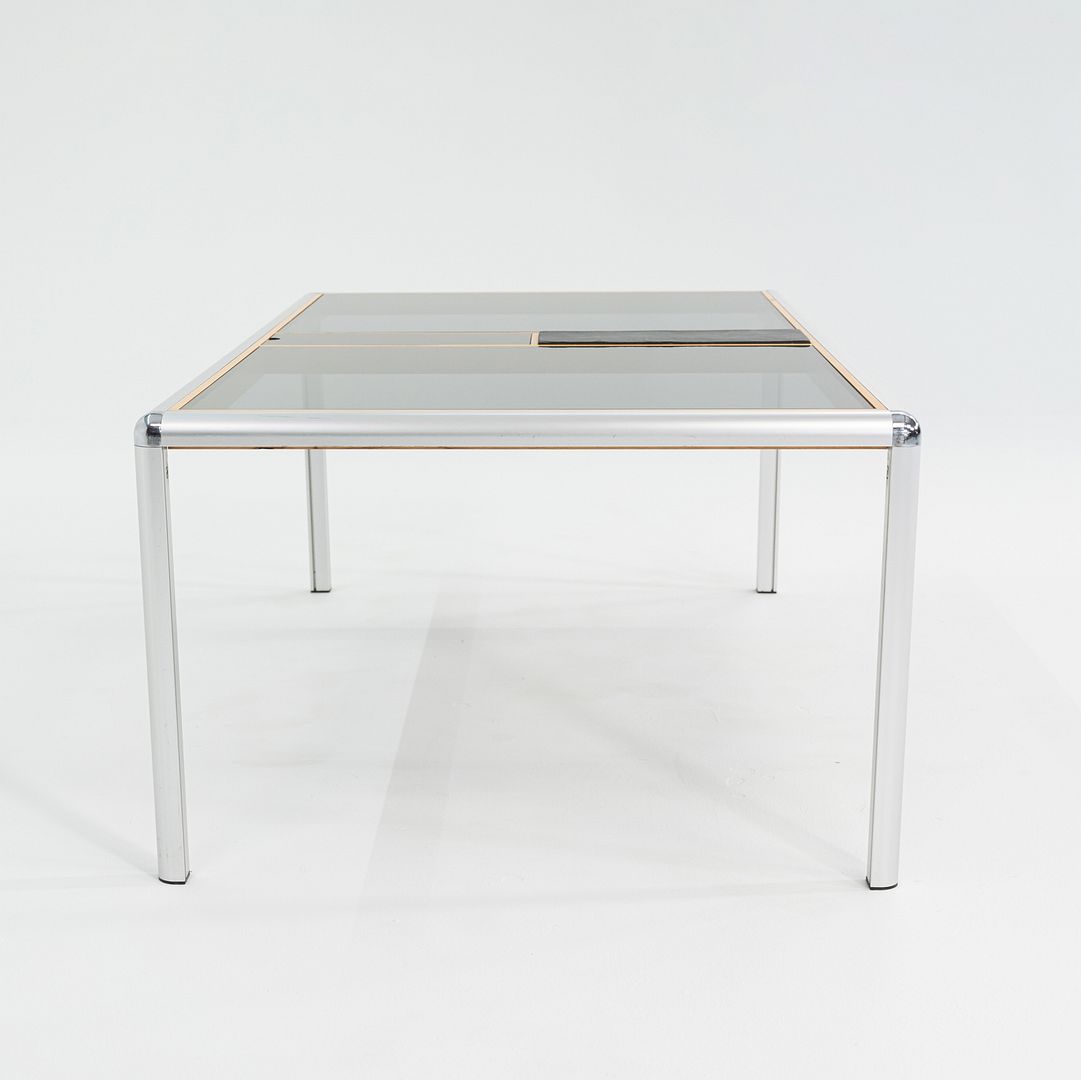 C. 1970s Aluminum Beech & Smoked Glass Coffee Table w/ Slate Detail 32x55 Inches