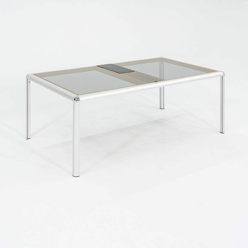 C. 1970s Aluminum Beech & Smoked Glass Coffee Table w/ Slate Detail 32x55 Inches