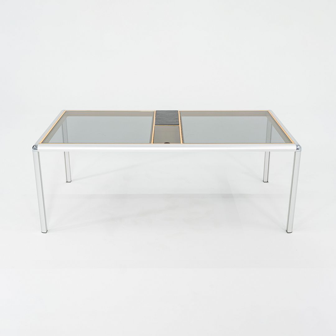 C. 1970s Aluminum Beech & Smoked Glass Coffee Table w/ Slate Detail 32x55 Inches