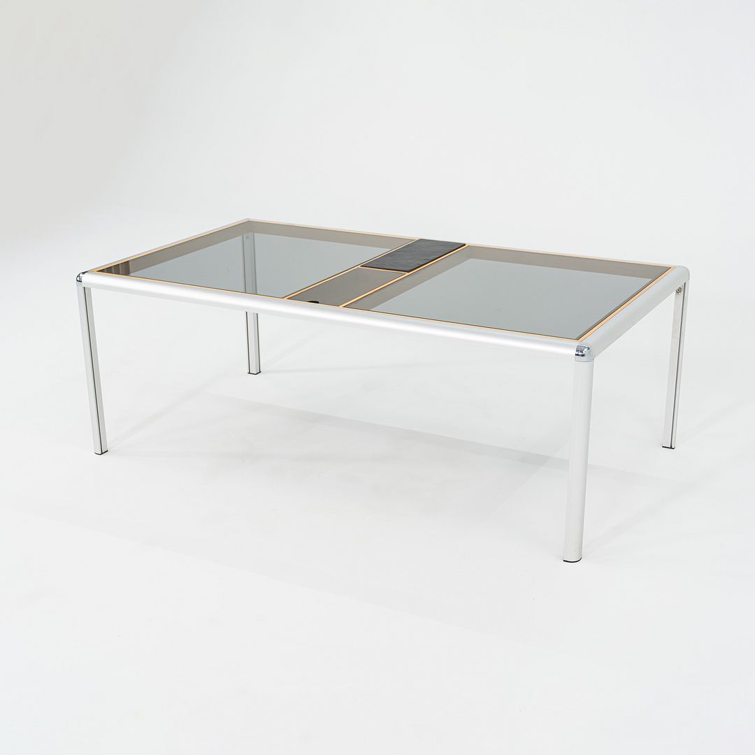 C. 1970s Aluminum Beech & Smoked Glass Coffee Table w/ Slate Detail 32x55 Inches
