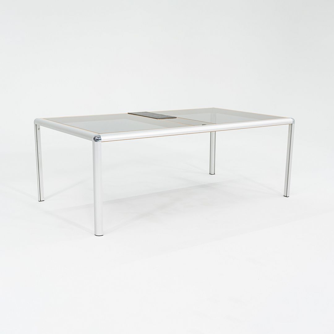 C. 1970s Aluminum Beech & Smoked Glass Coffee Table w/ Slate Detail 32x55 Inches